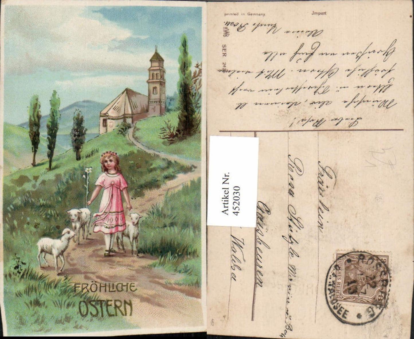 452030,Künstler AK Ostern Mädchen Lilie Lämmer Schafe Kirche pub HWB 2526