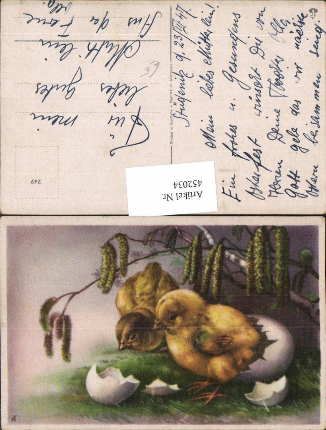 452034,Künstler AK Ostern Küken Eier Kätzchen Zweige