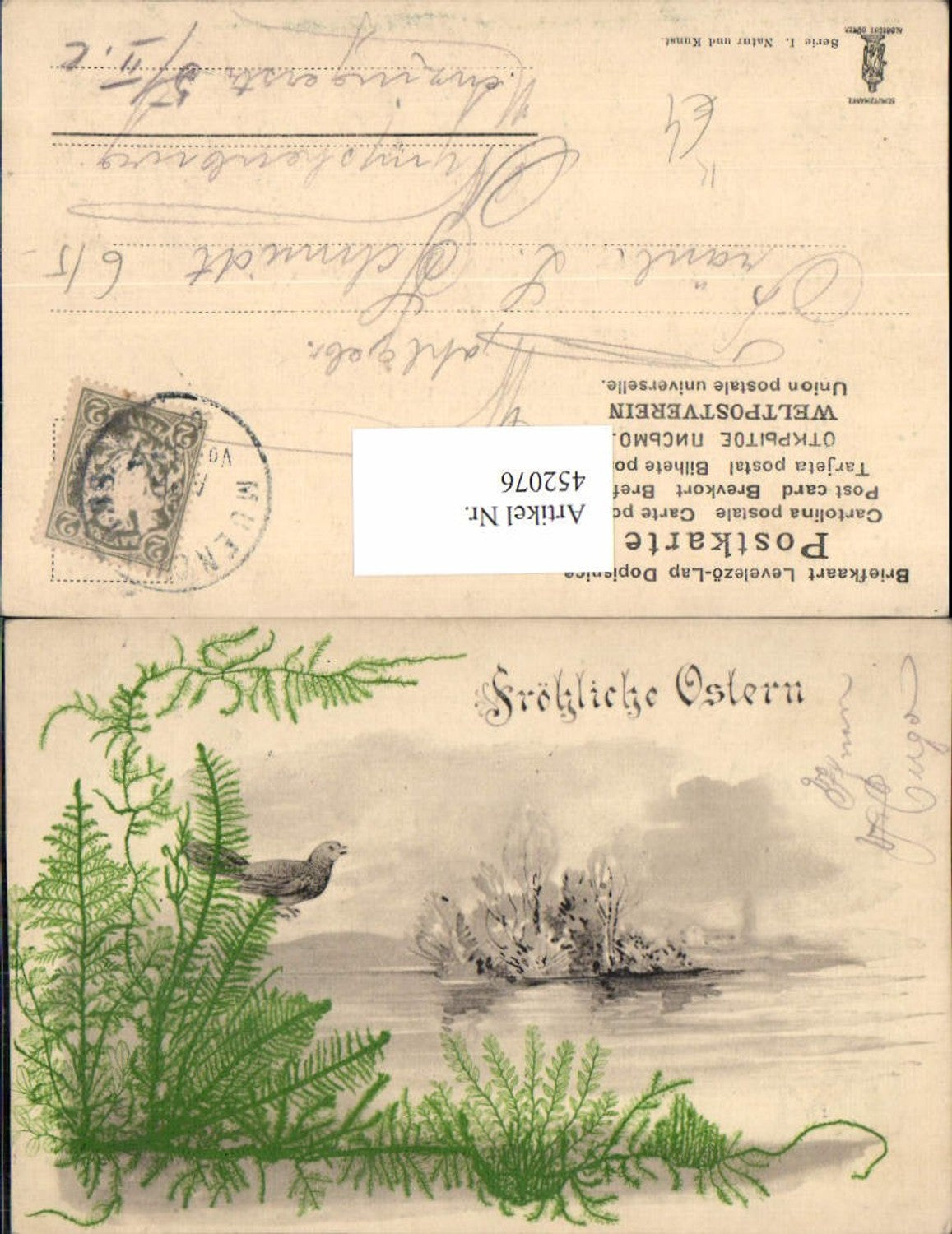 452076,Künstler AK Ostern Landschaft Vogel Farn Pflanze