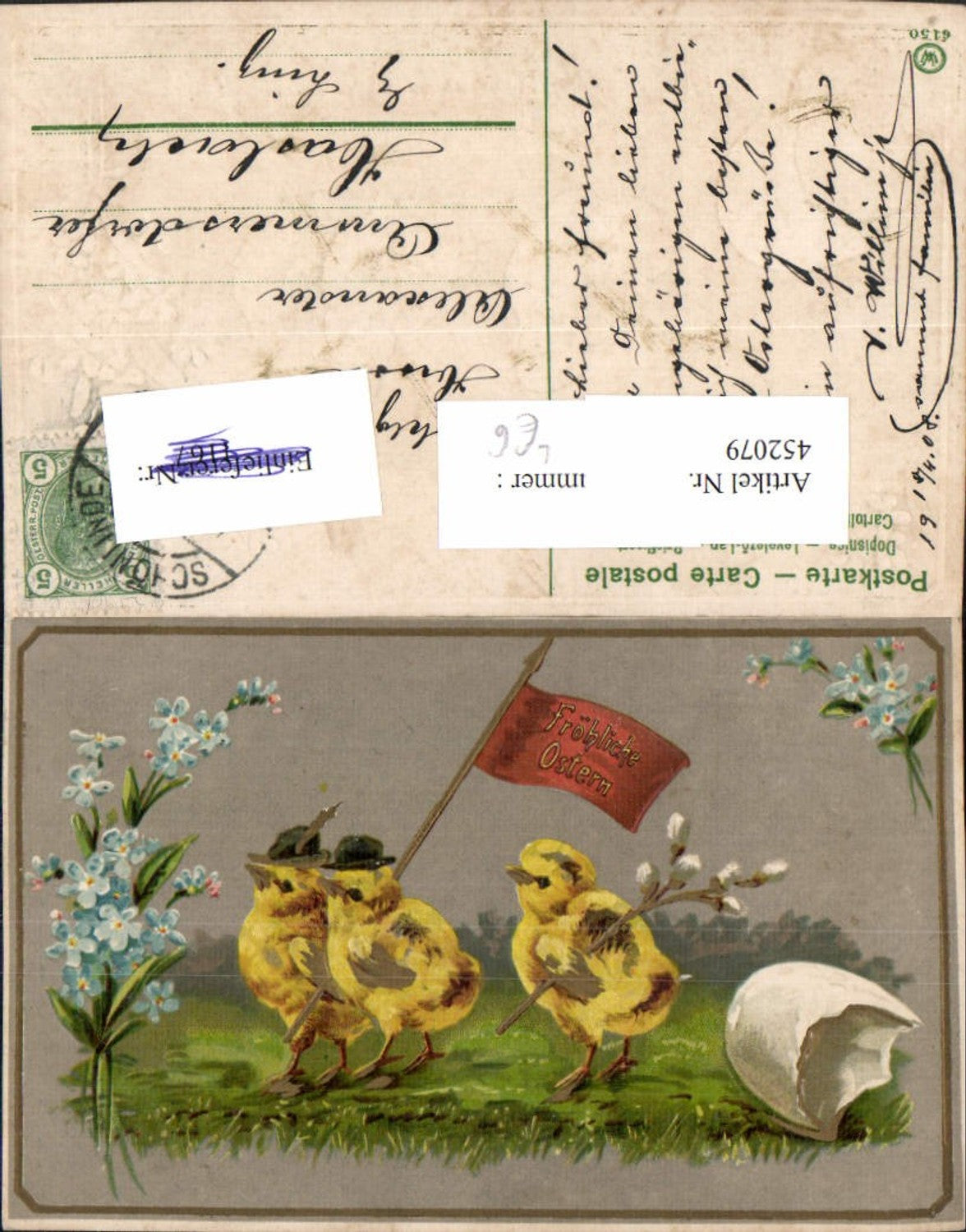452079,Künstler Litho Ostern Küken Flagge Ei Blumen