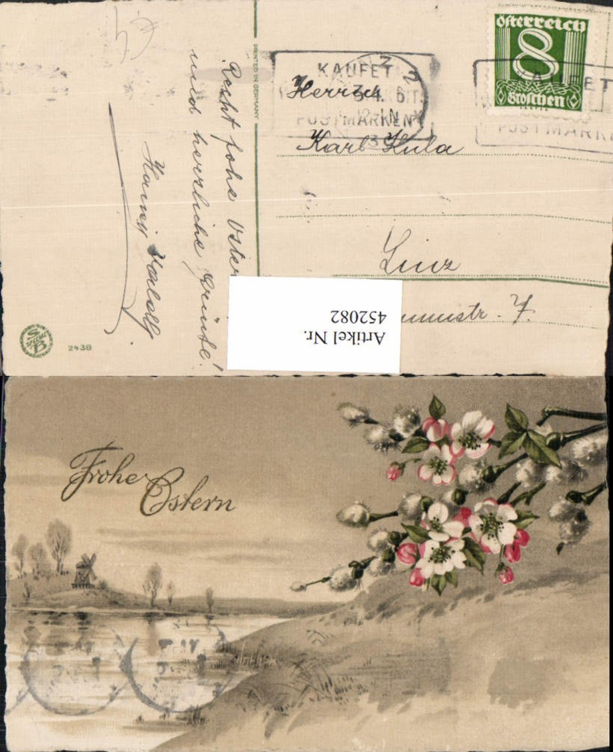 452082,Künstler AK Ostern Landschaft Windmühle Blüten Palmkätzchen