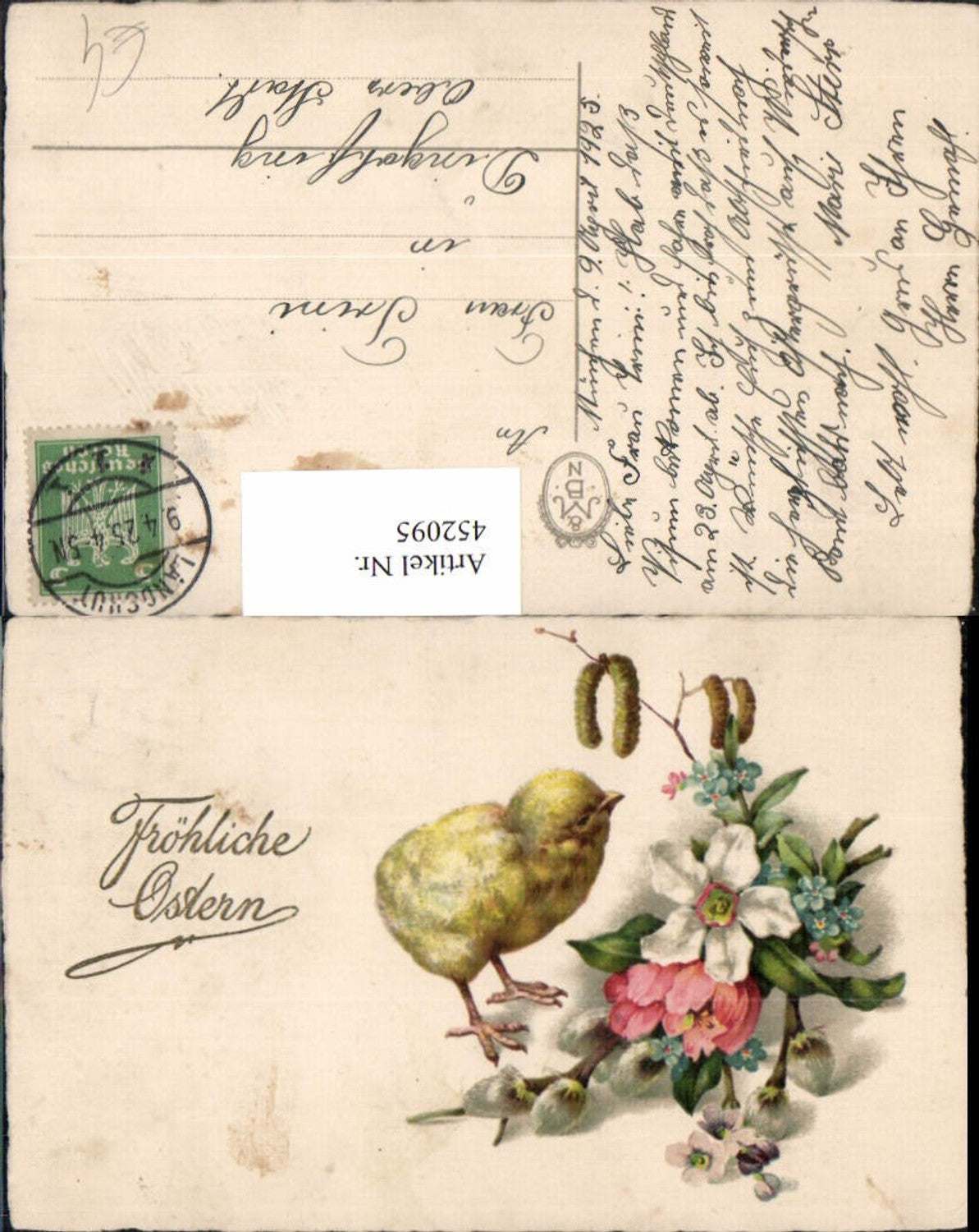 452095,Künstler AK Ostern Küken Blumen Palmkätzchen