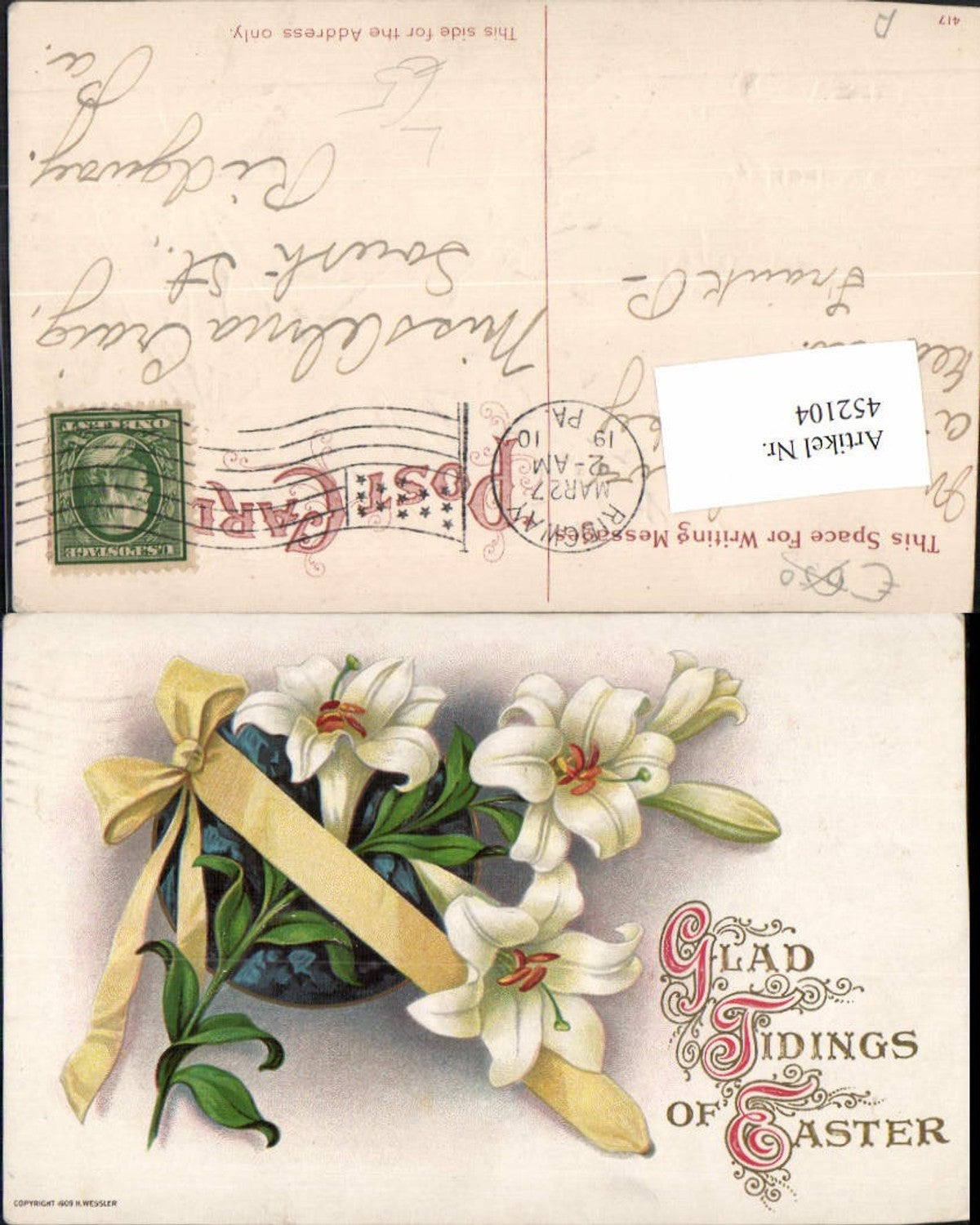 452104, Embossed Lithograph Easter Lilies Flowers Ribbon