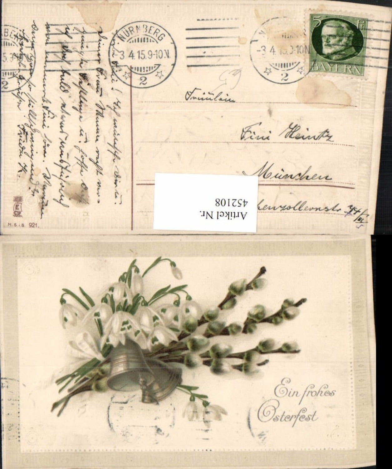 452108, embossed artist postcard Easter snowdrops pussy willows bells