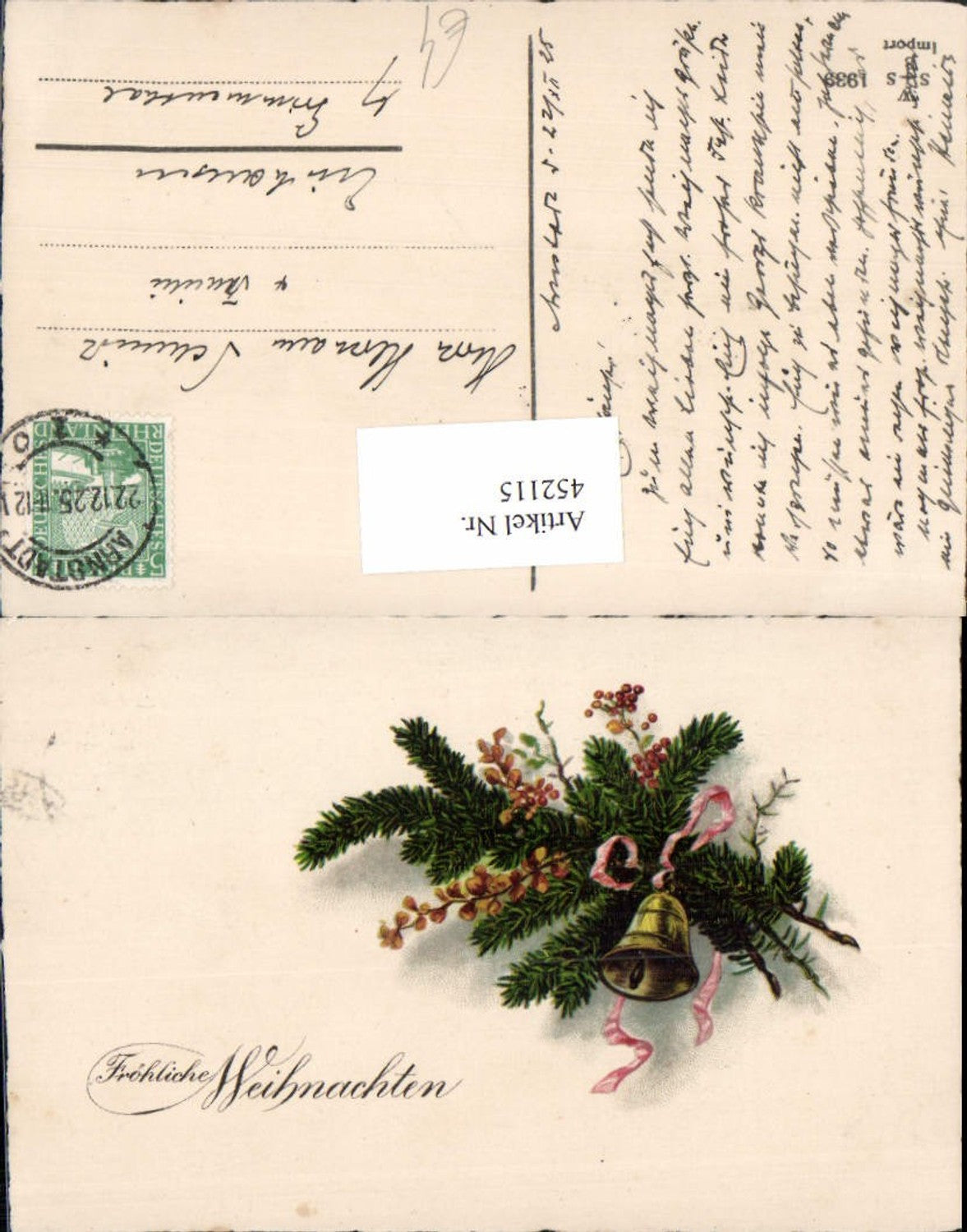 452115,Künstler AK Weihnachten Tannenzweige Glocke Schleife