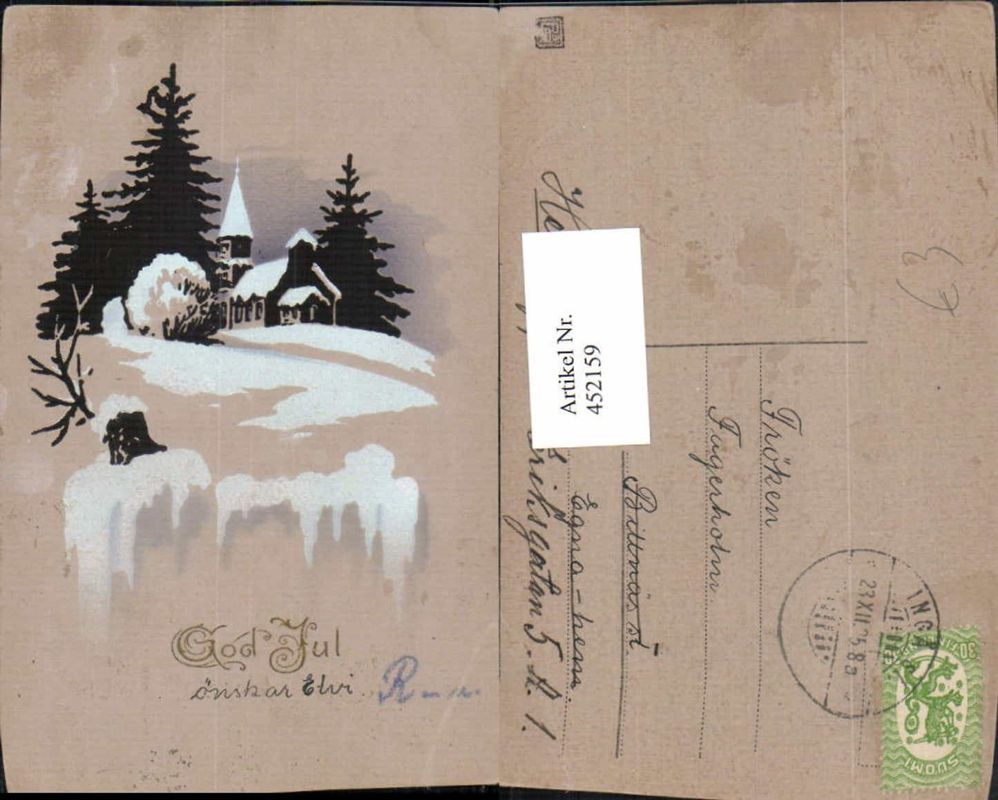 452159,Künstler AK Weihnachten Kirche Winterbild
