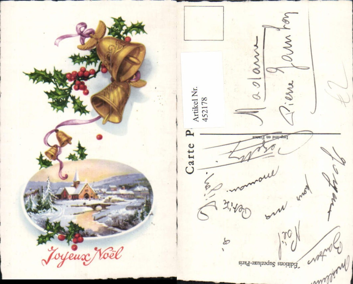 452178,Künstler AK Weihnachten Winterlandschaft Dorf Glocken Stechpalmen