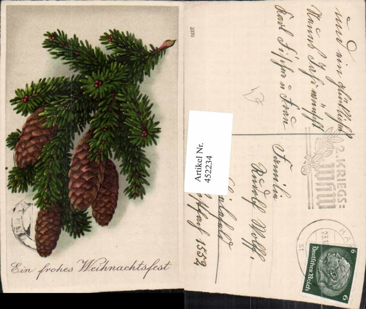 452234,Künstler AK Weihnachten Tannenzweig Zapfen