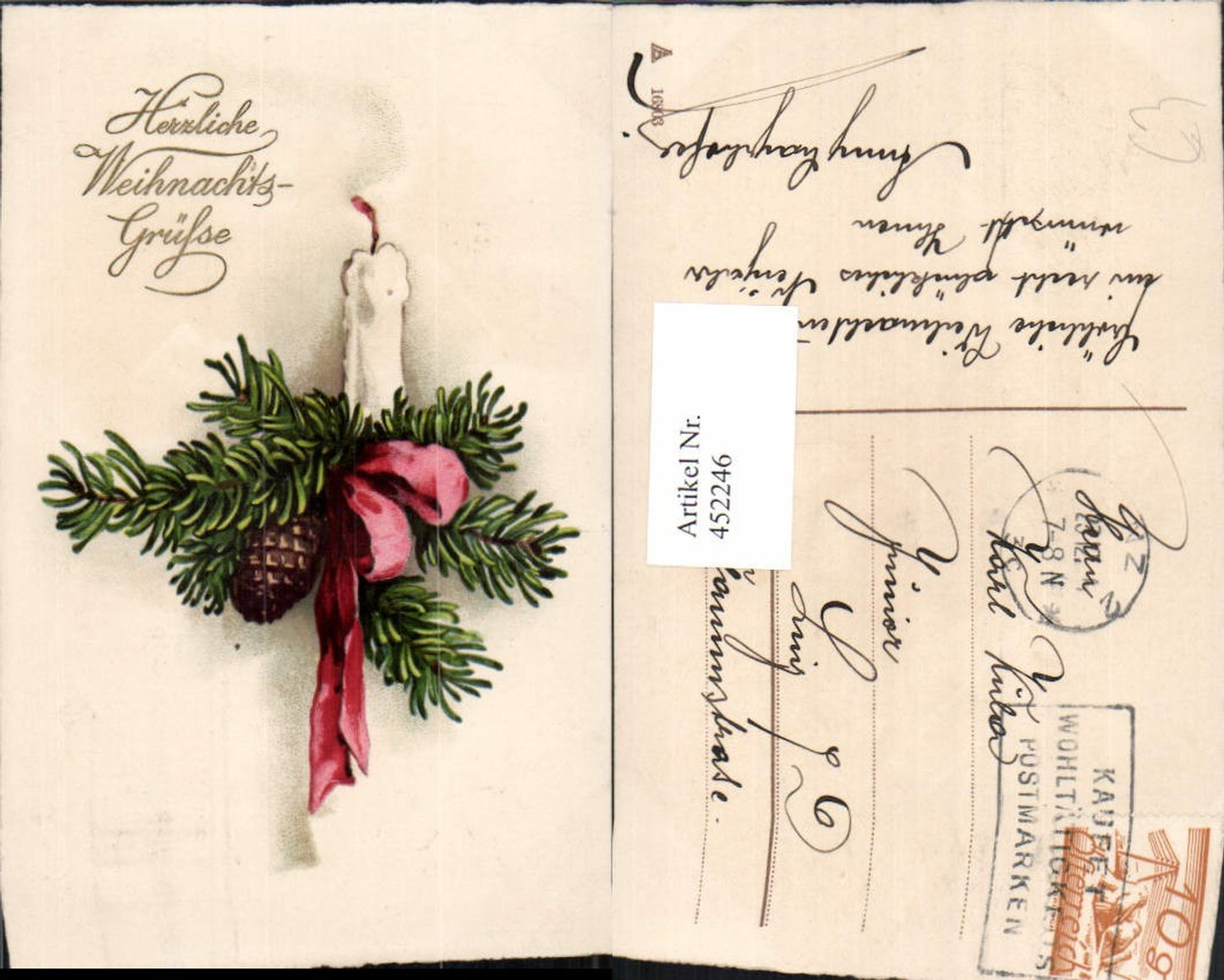 452246,Künstler AK Weihnachten Tannenzweig Kerze Schleife