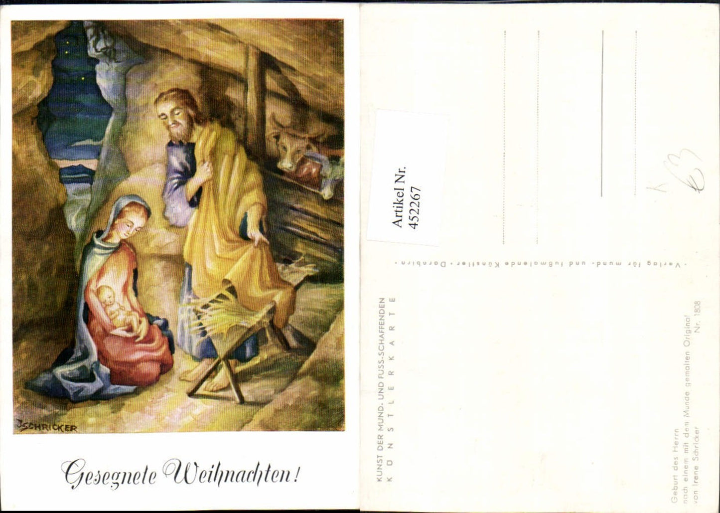 452267,Künstler AK Irene Schricker Weihnachten Maria Josef Jesuskind Krippe