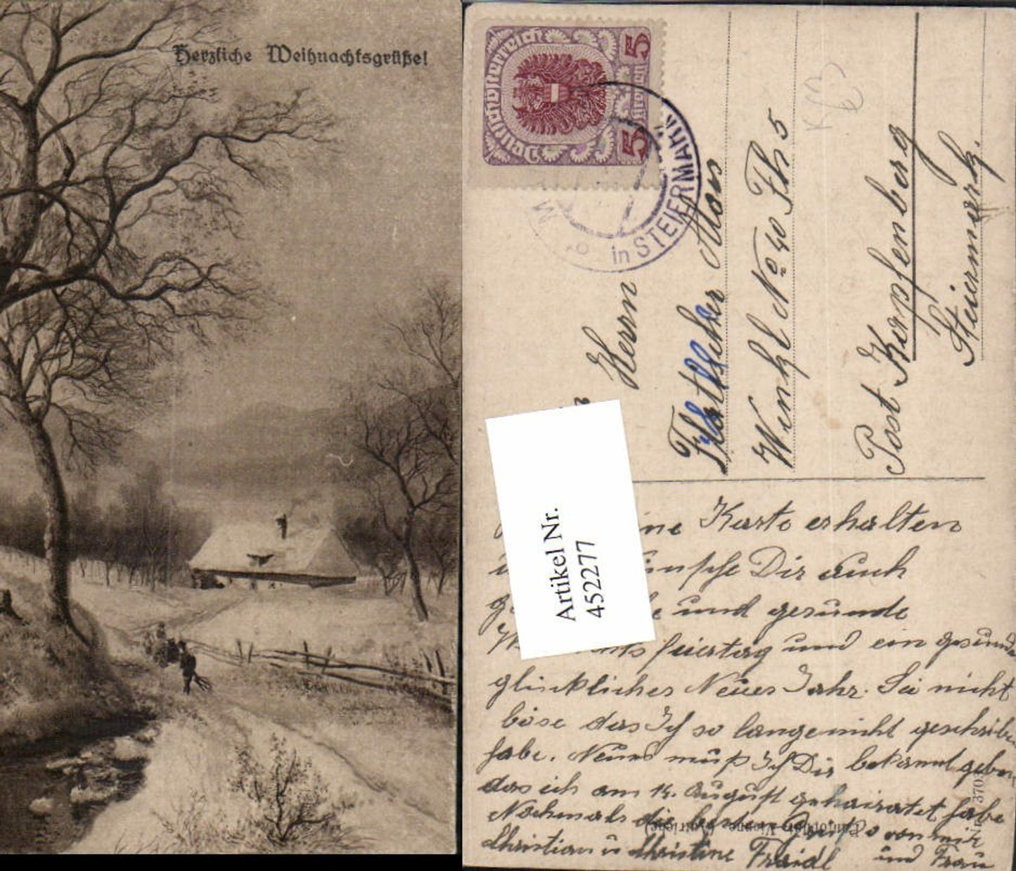 452277,Künstler AK Weihnachten Winterlandschaft Haus