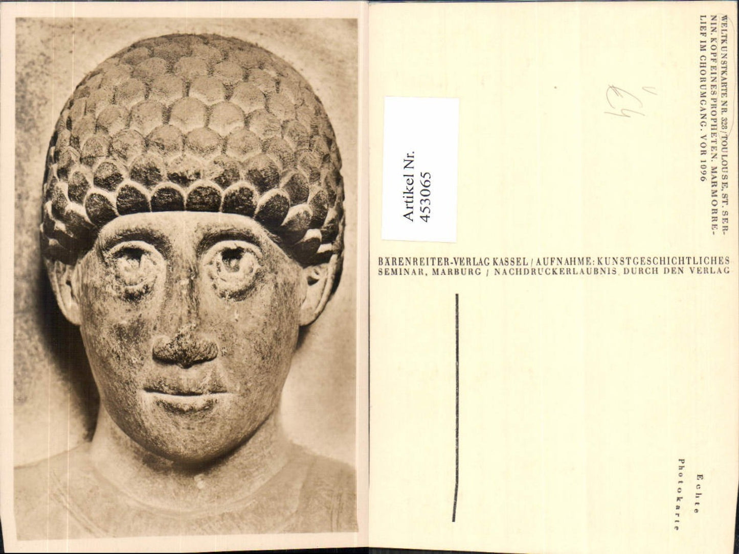 453065,Toulouse St Sernin Kopf eines Propheten Antike pub Weltkunstkarte Nr 328