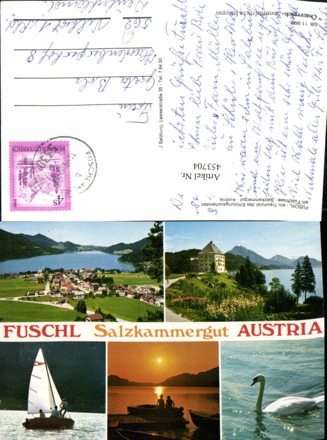 453704, Fuschl am See Total view of Schwan Castle, sailboat, multi-view postcard