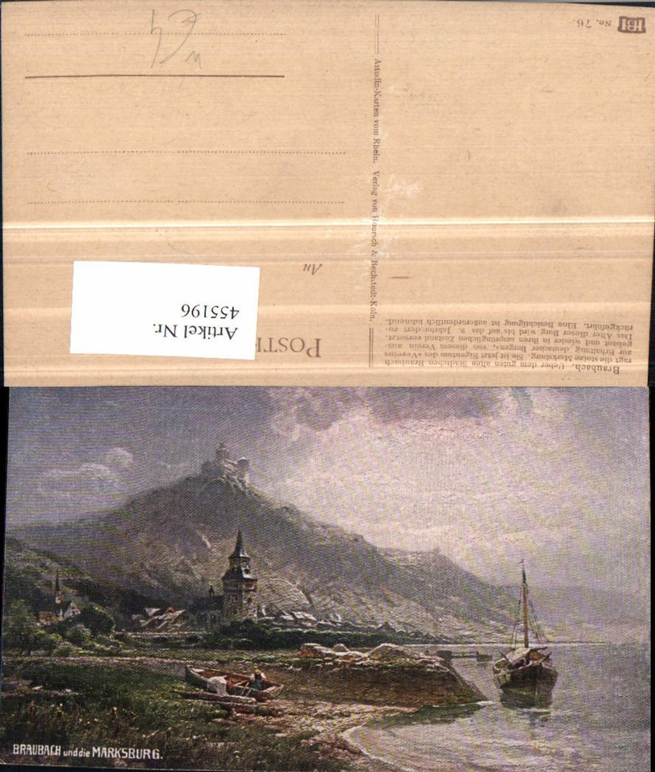 455196,Künstler AK N. Astudin Braubach Totale m. Burg Boot