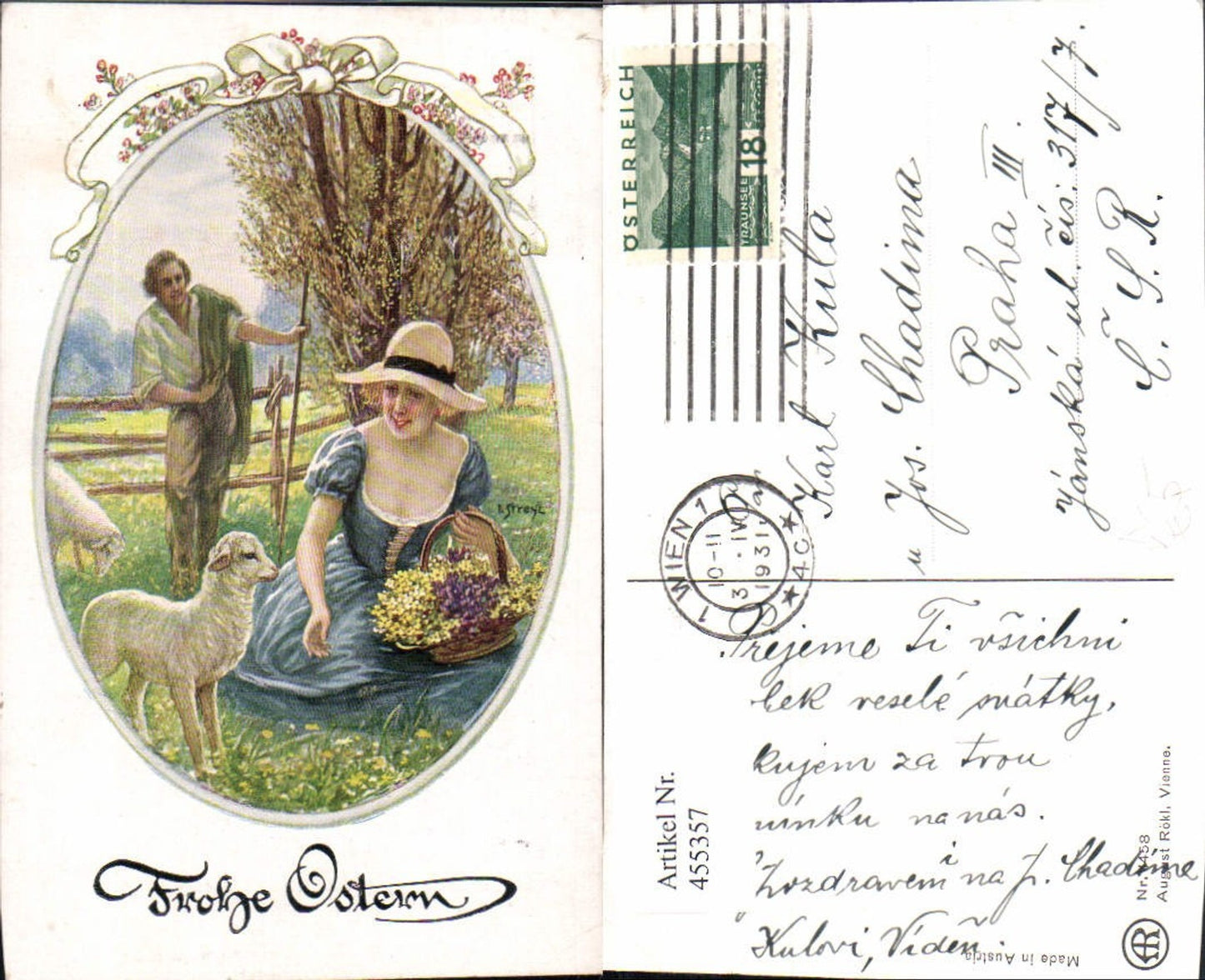 455357, Artist AK Streyc Easter Woman Hat Lamb Flowers pub August Rökl 1458