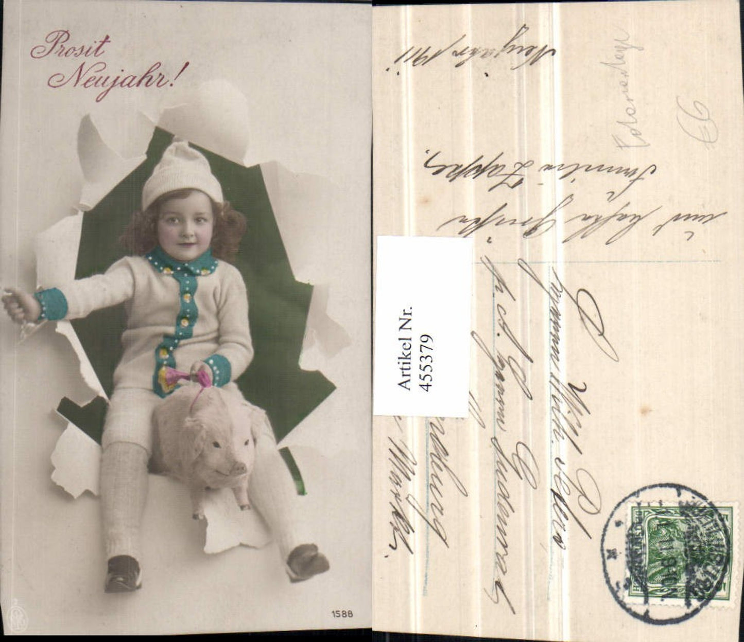 455379,Neujahr Fotomontage Kind Haube Ferkel Zerrissenes Papier