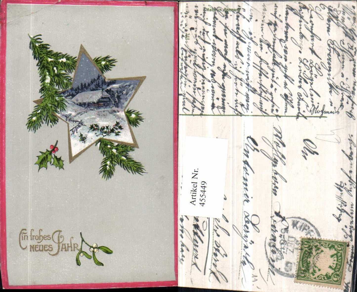 455449,Künstler AK Neujahr Winterlandschaft Passepartout Stern Zweig