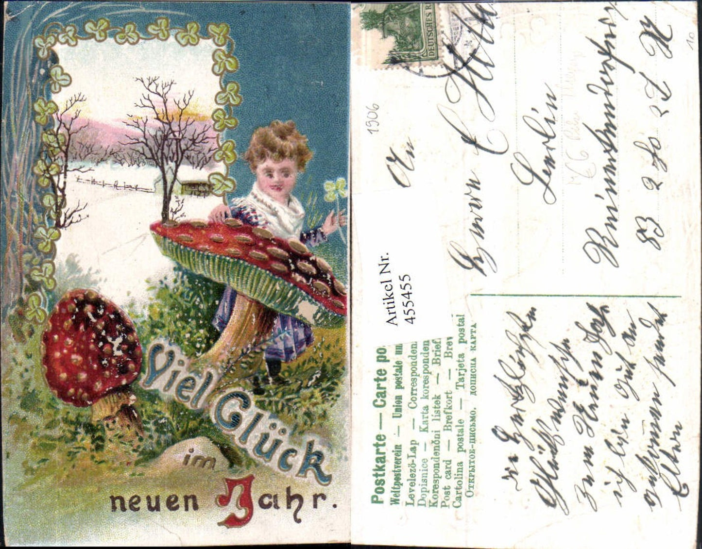 455455,Präge Künstler AK Neujahr Fliegenpilze Pilze Klee Kind