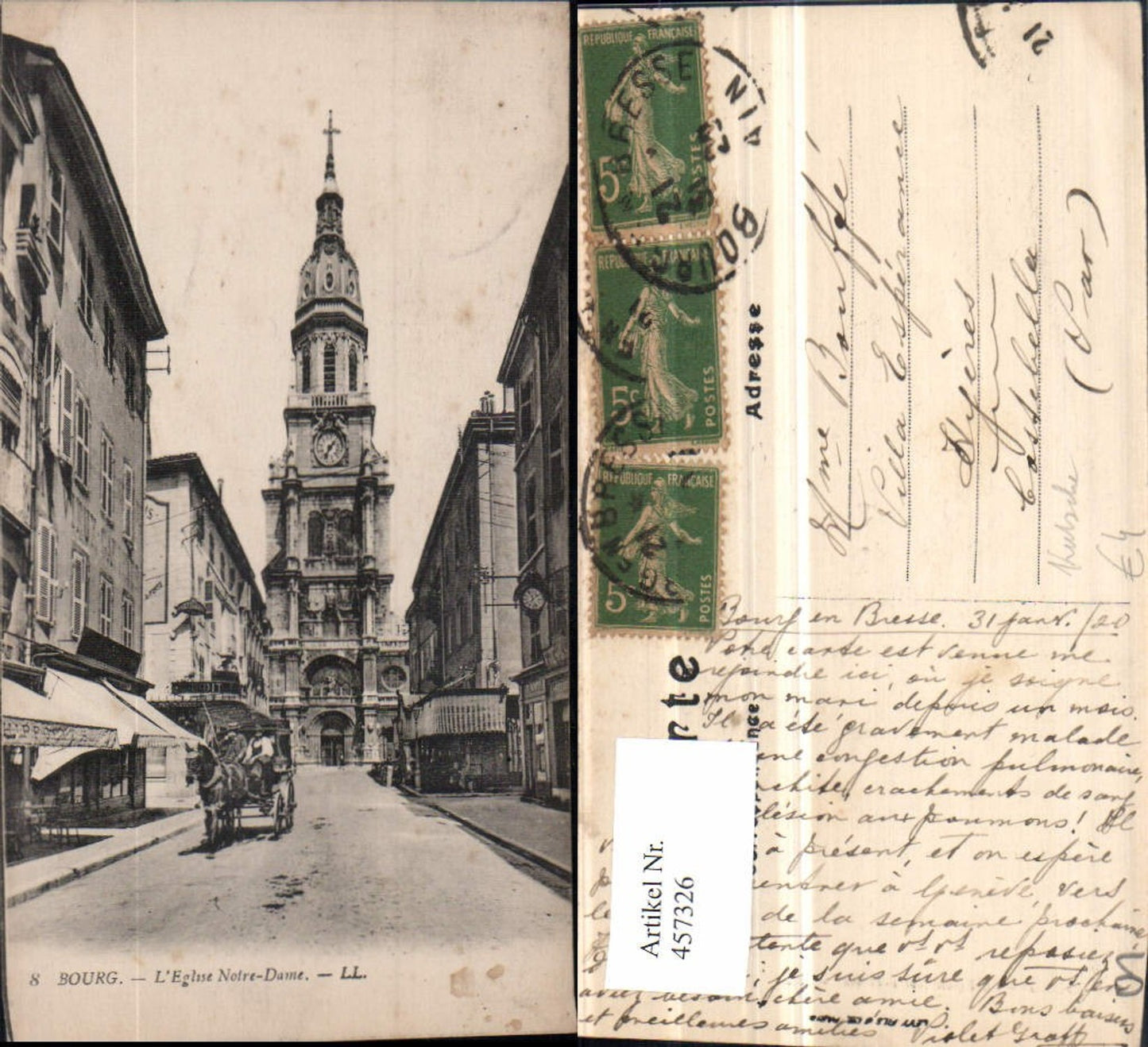 457326,Rhone-Alpes Ain Bourg Eglise Notre-Dame Kirche Straßenansicht Kutsche