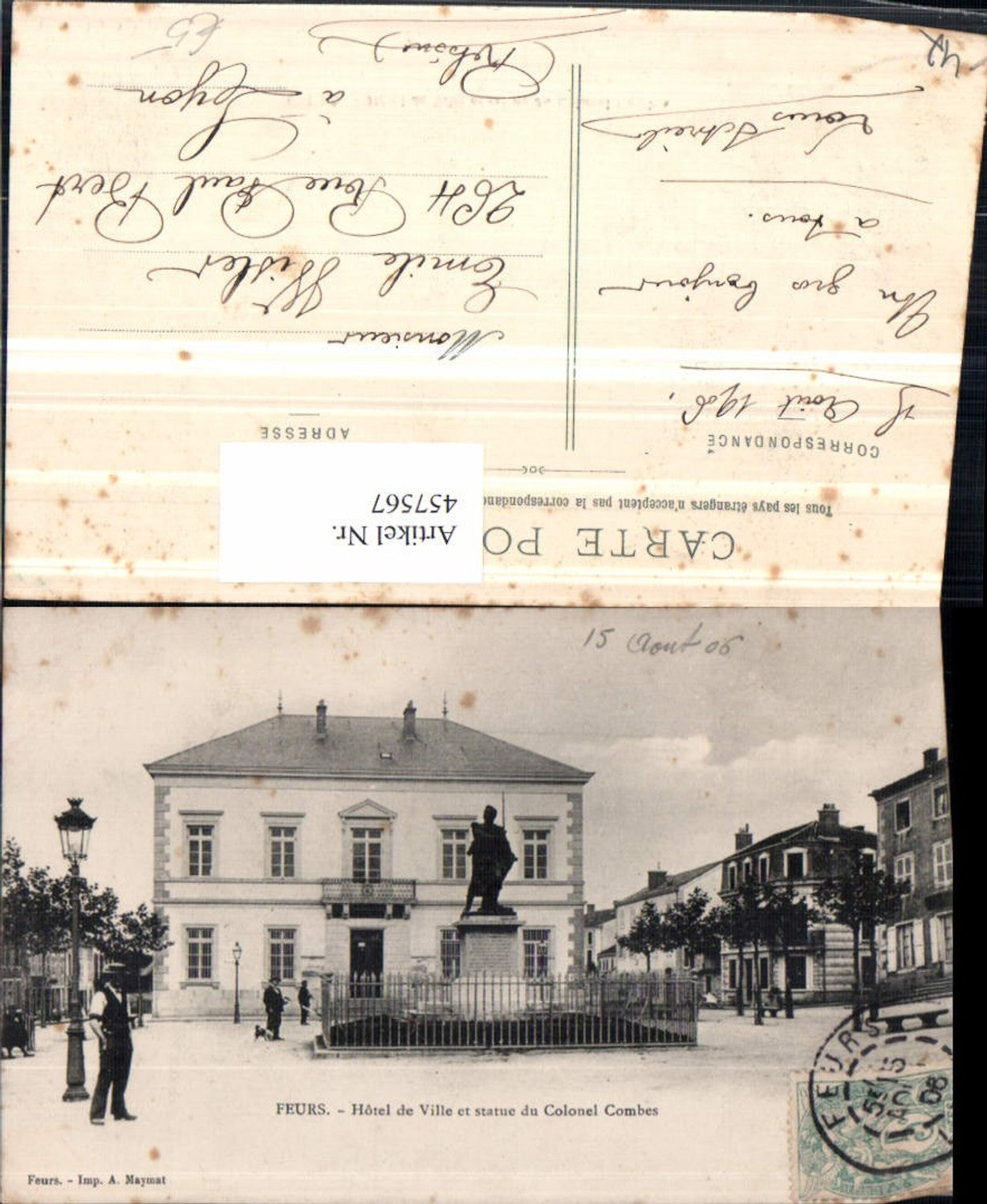 457567,Rhone-Alpes Loire Feurs Hotel de Ville et Statue Colonel Combes Rathaus