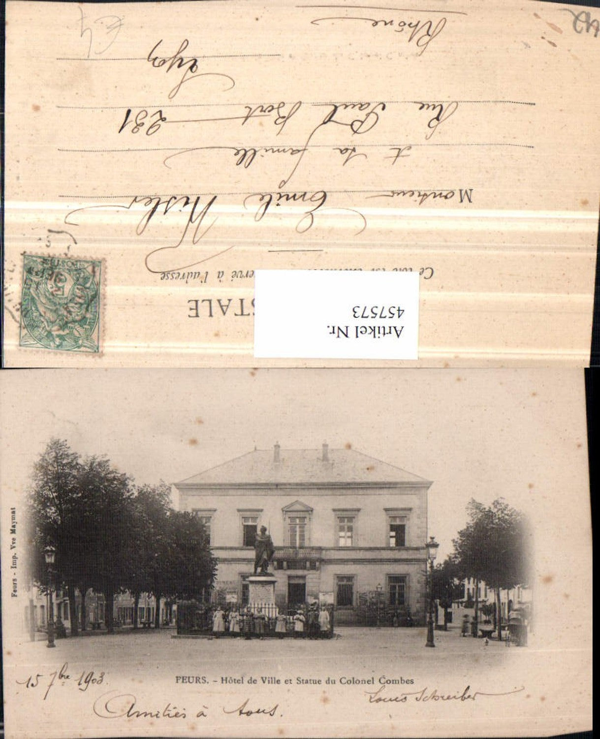457573,Rhone-Alpes Loire Feurs Hotel de Ville Statue Colonel Combes Rathaus