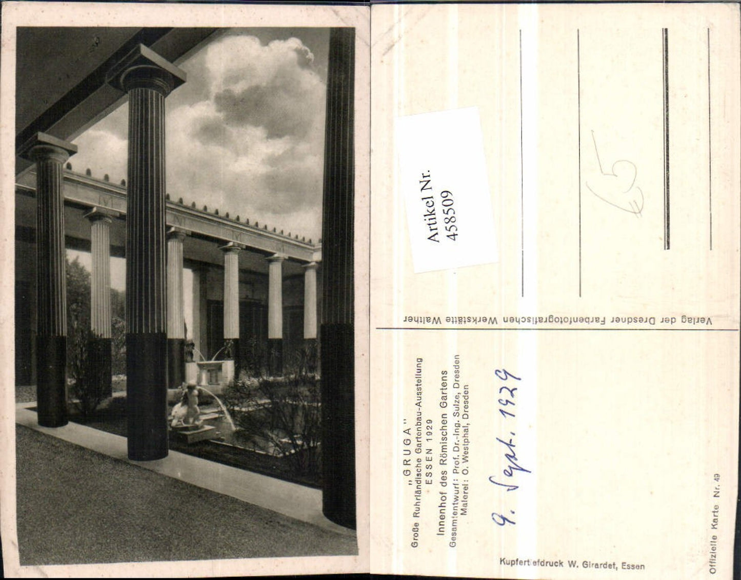 458509,Essen 1929 GRUGA Innenhof des Römischen Gartens Säulen