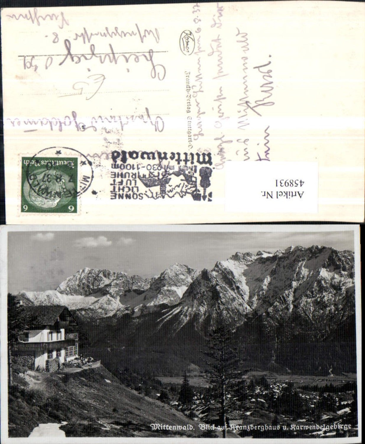 458931,Mittenwald Blick auf Kranzberghaus m. Karwendel Bergkulisse