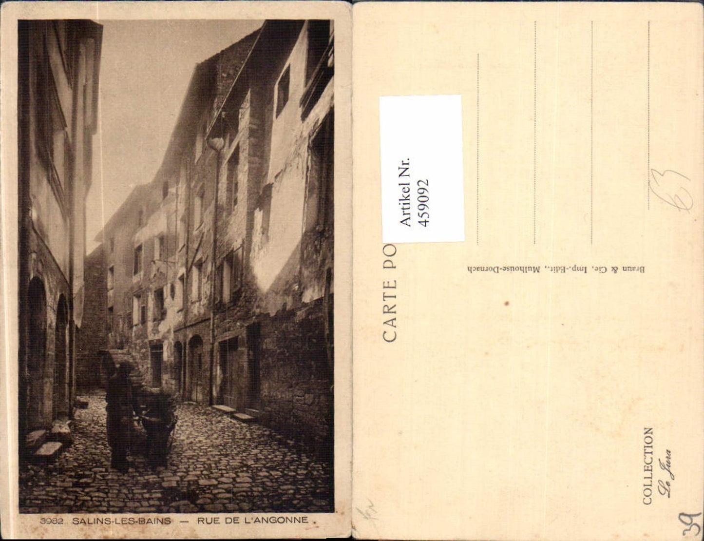 459092,Franche-Comte Jura Salines-Les-Bains Rue de l Angonne Gasse Esel Tiergespann