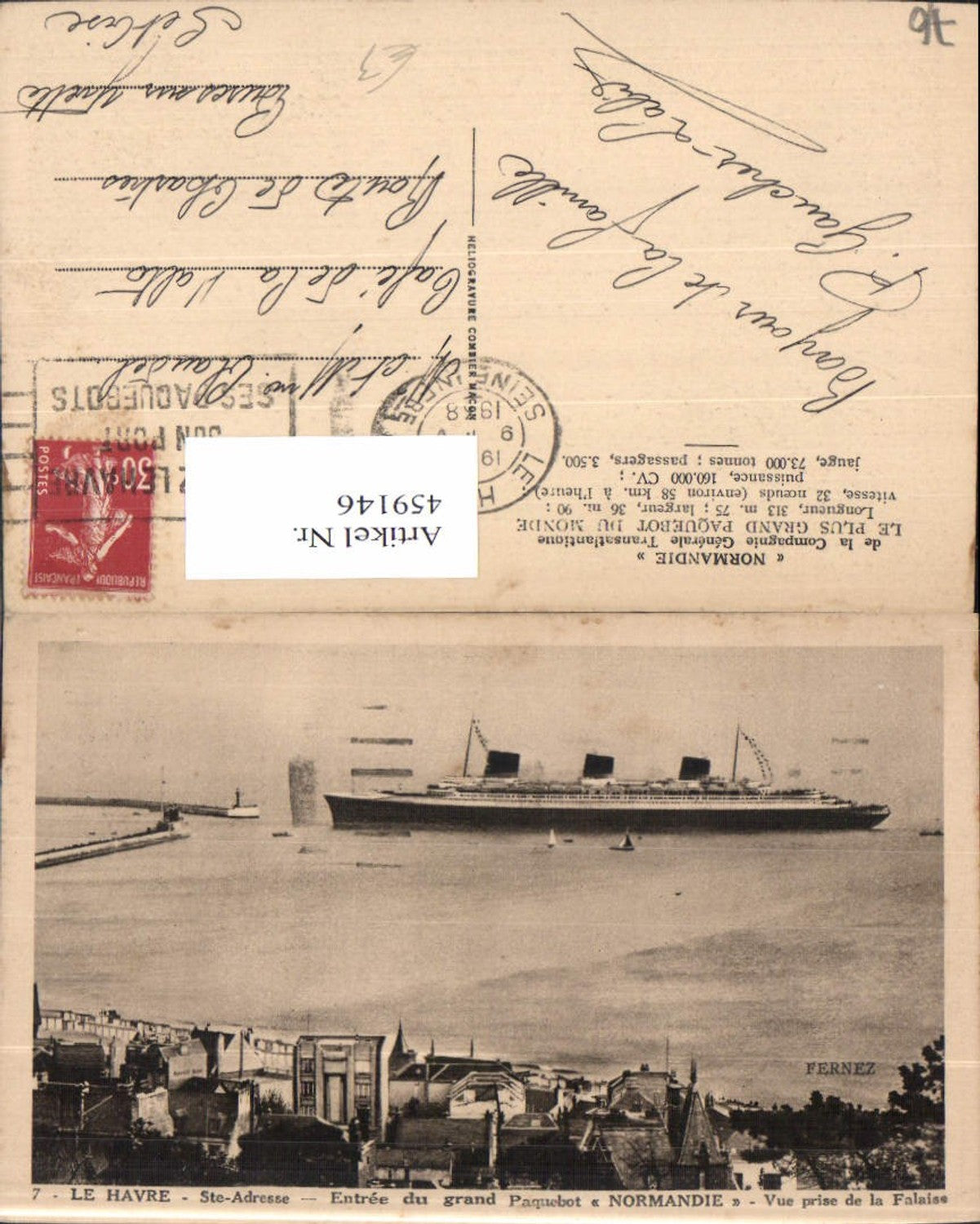 459146,Haute-Normandie Seine-Maritime Le Havre Ste-Adresse Entree du grand Paquebot Schiff