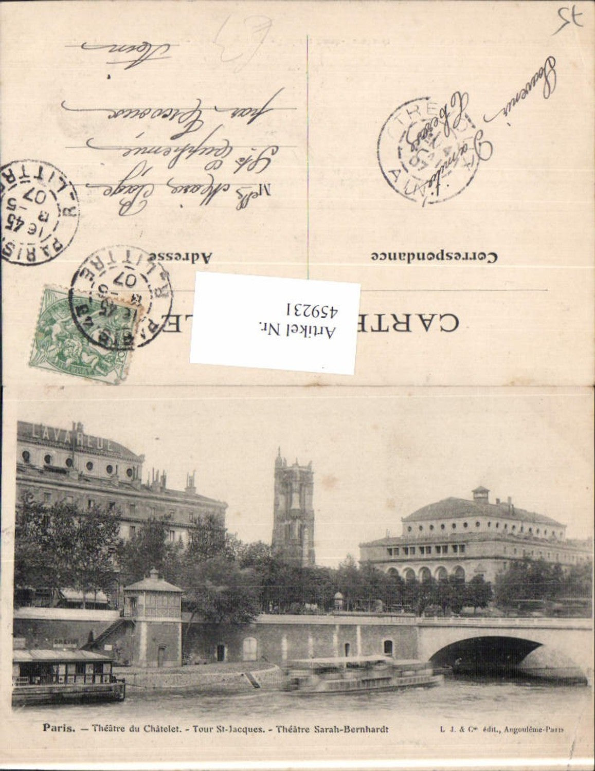 459231,Ile-de France Paris Theatre du Chatelet Tour St Jacques Schiff Brücke