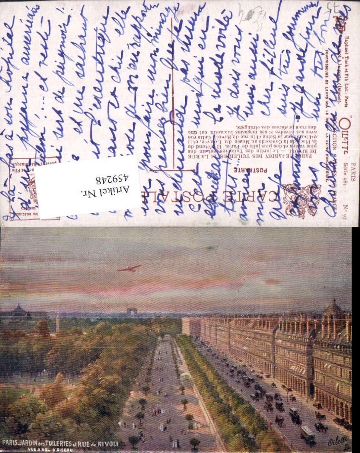 459248, Artist Ak Ile-de-France Paris Jardin de Tuileries et Rue de Rivoli Airplane pub Tuck 981/97