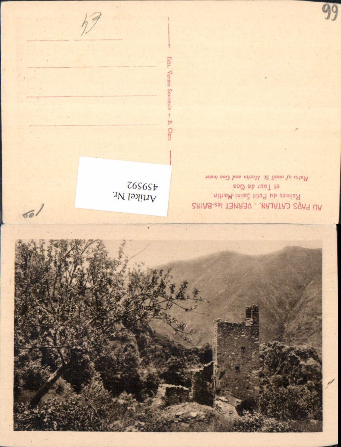 459592,Languedoc-Roussillon Pyrenees-Orientales Vernet-les-Bains Ruines du Petit Saint Martin et Tour de Goa
