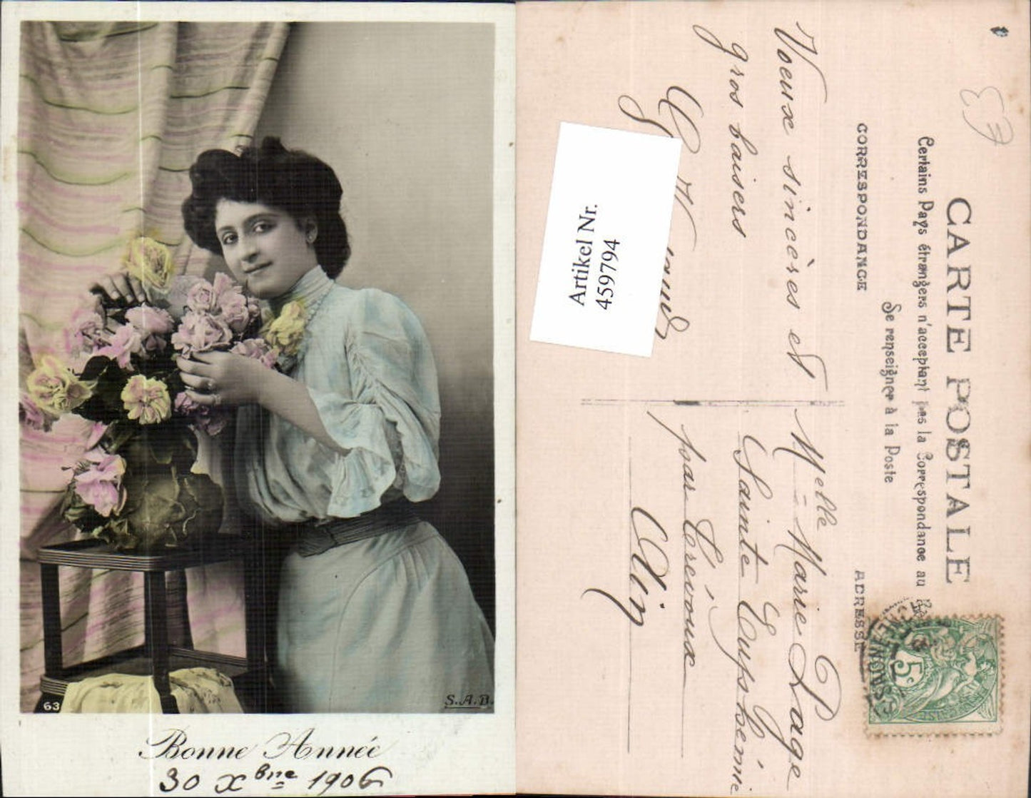 459794,Frau Kleid Blumenvase Blumen Edwardian Girl Fashion Beauty Woman Postcard