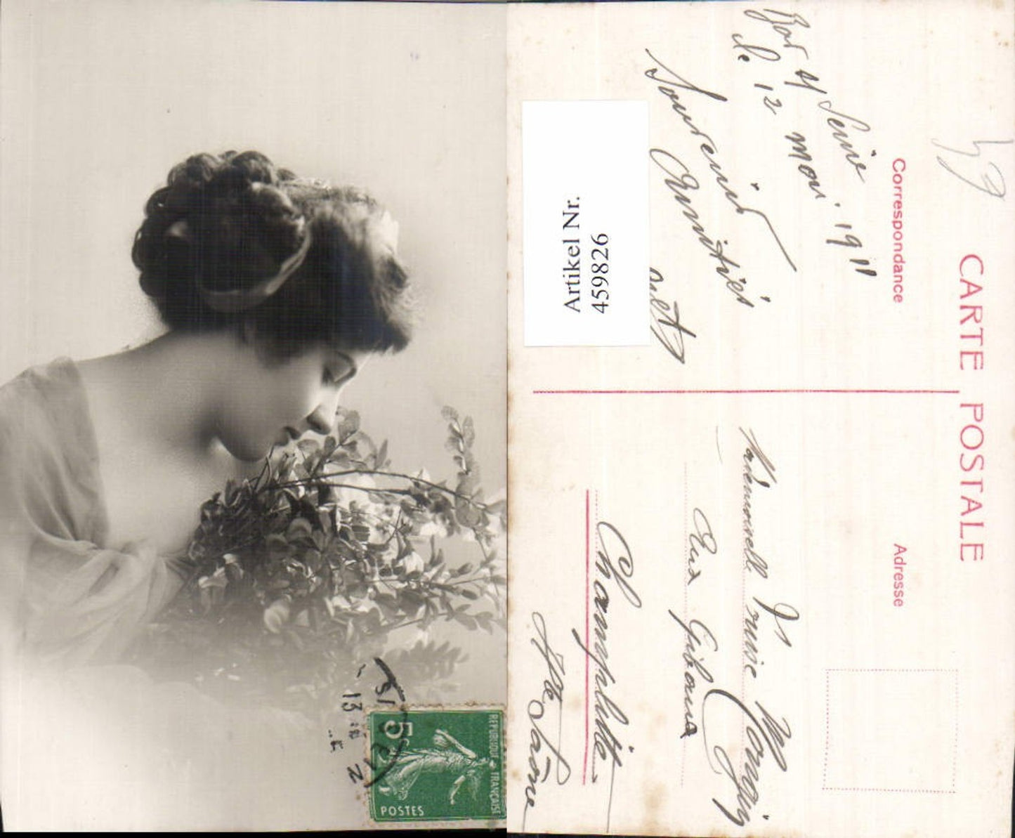 459826,Portrait Frau Blütenzweig Edwardian Girl Fashion Mode Photo Postcard