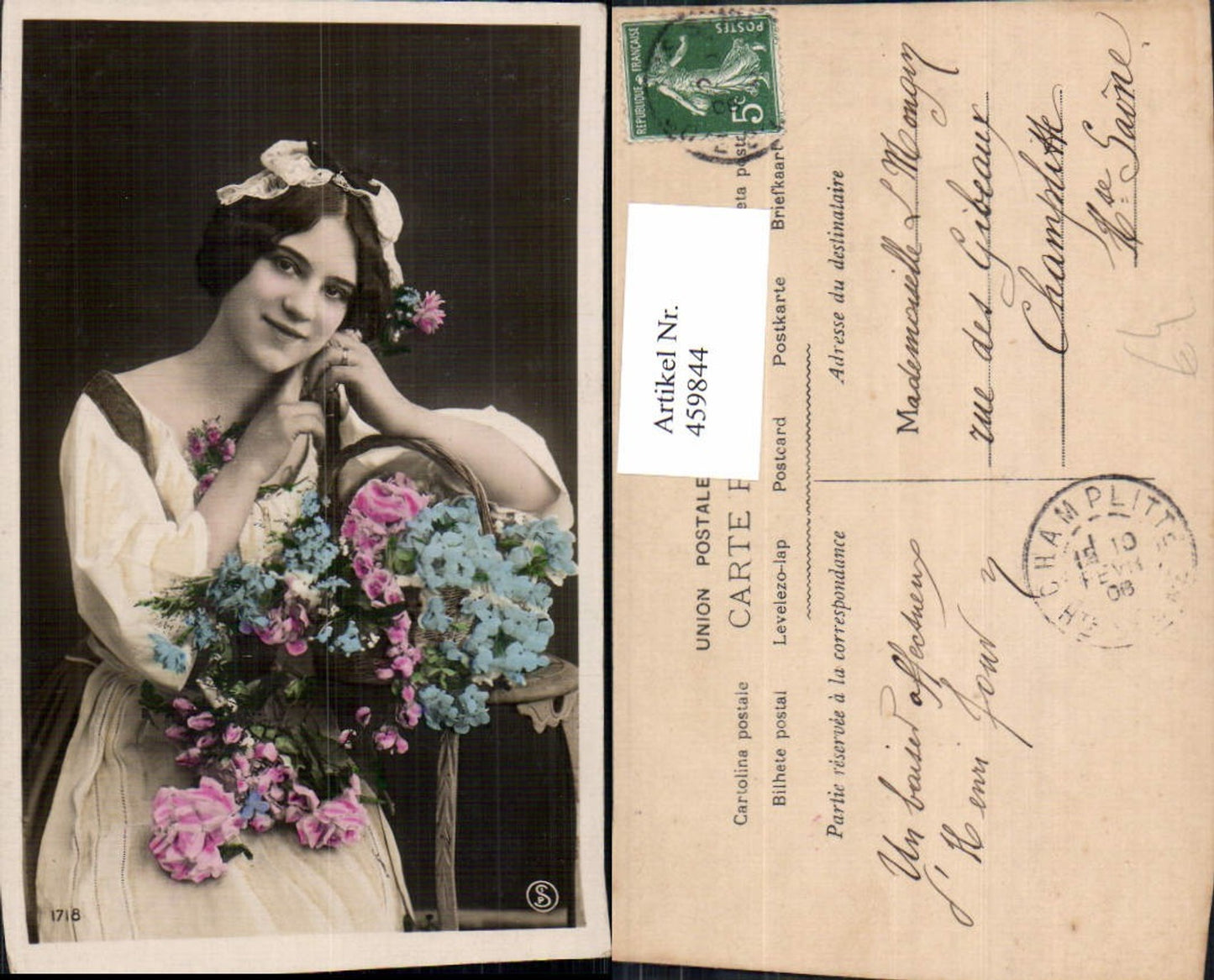 459844,Frau Haarband Korb Blumen Edwardian Girl Fashion Mode Photo Postcard
