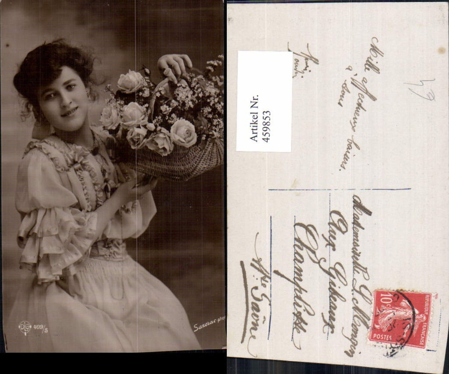 459853,Frau Korb m. Blumen Edwardian Girl Fashion Mode Photo Postcard
