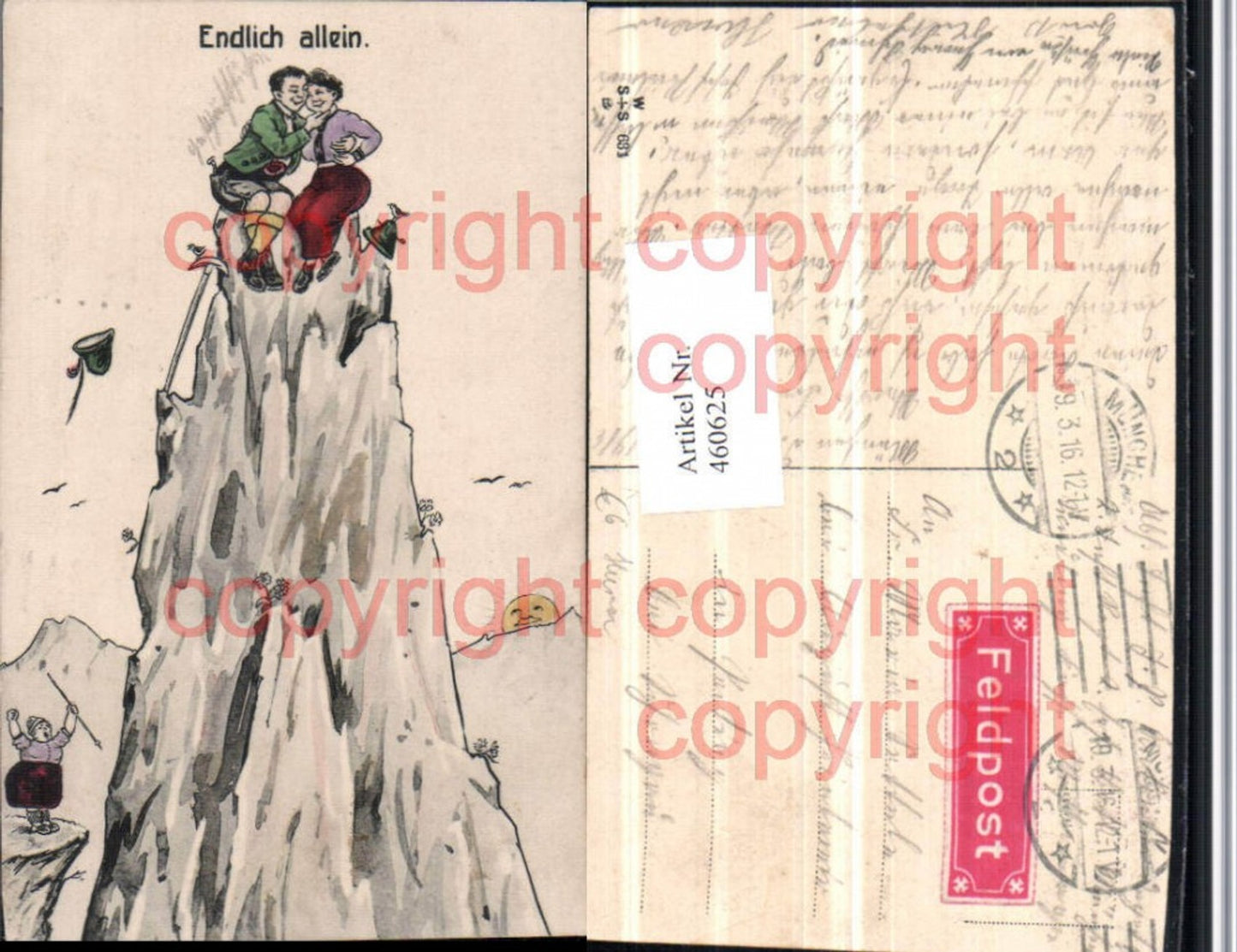 460625,Künstler AK Endlich allein Liebe Paar Berggipfel Humor