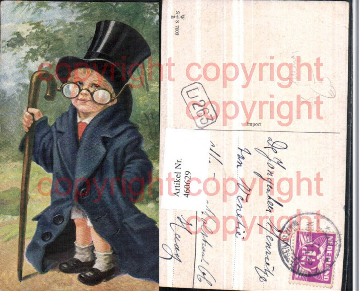 460629,Künstler AK Kind großer Mantel Brille Zylinder Stock Humor