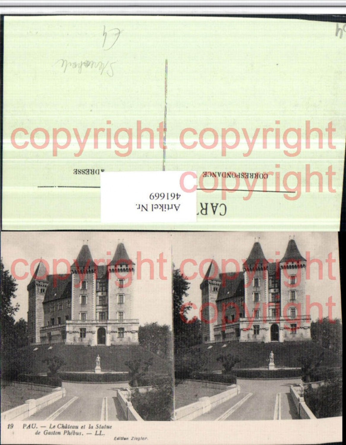 461669,Stereokarte Aquitanien Pyrenees-Atlantiques Pau Chateau et Statue Schloss