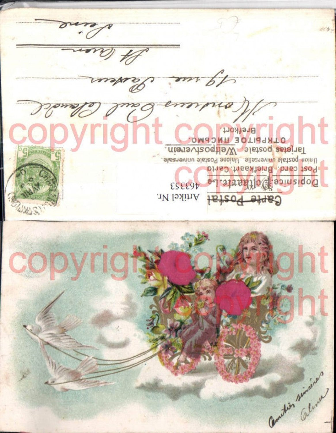 463353,Präge Künstler Litho Wagen Tauben Himmel Kind Blumen