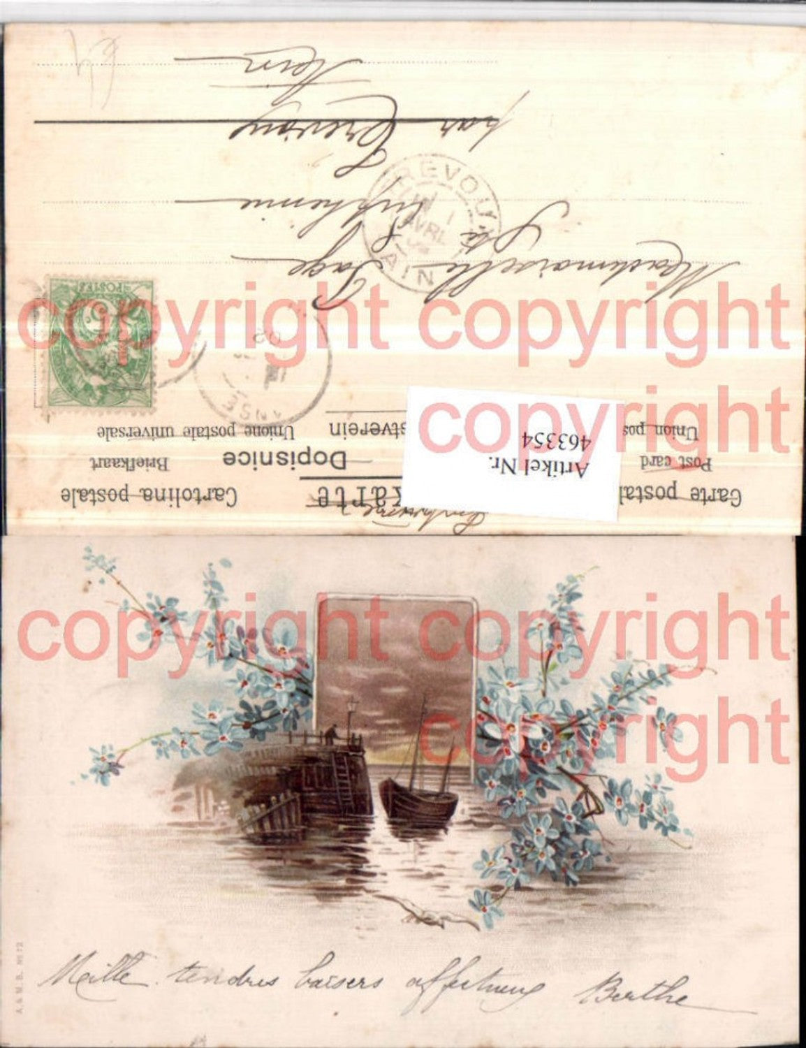 463354,Künstler AK Meer Boot Passepartout Blumen
