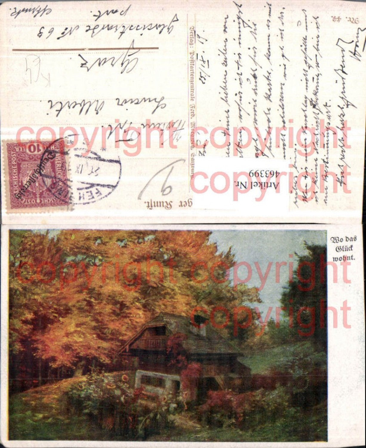 463399,Künstler AK Wo das Glück wohnt Landschaft Haus Wald