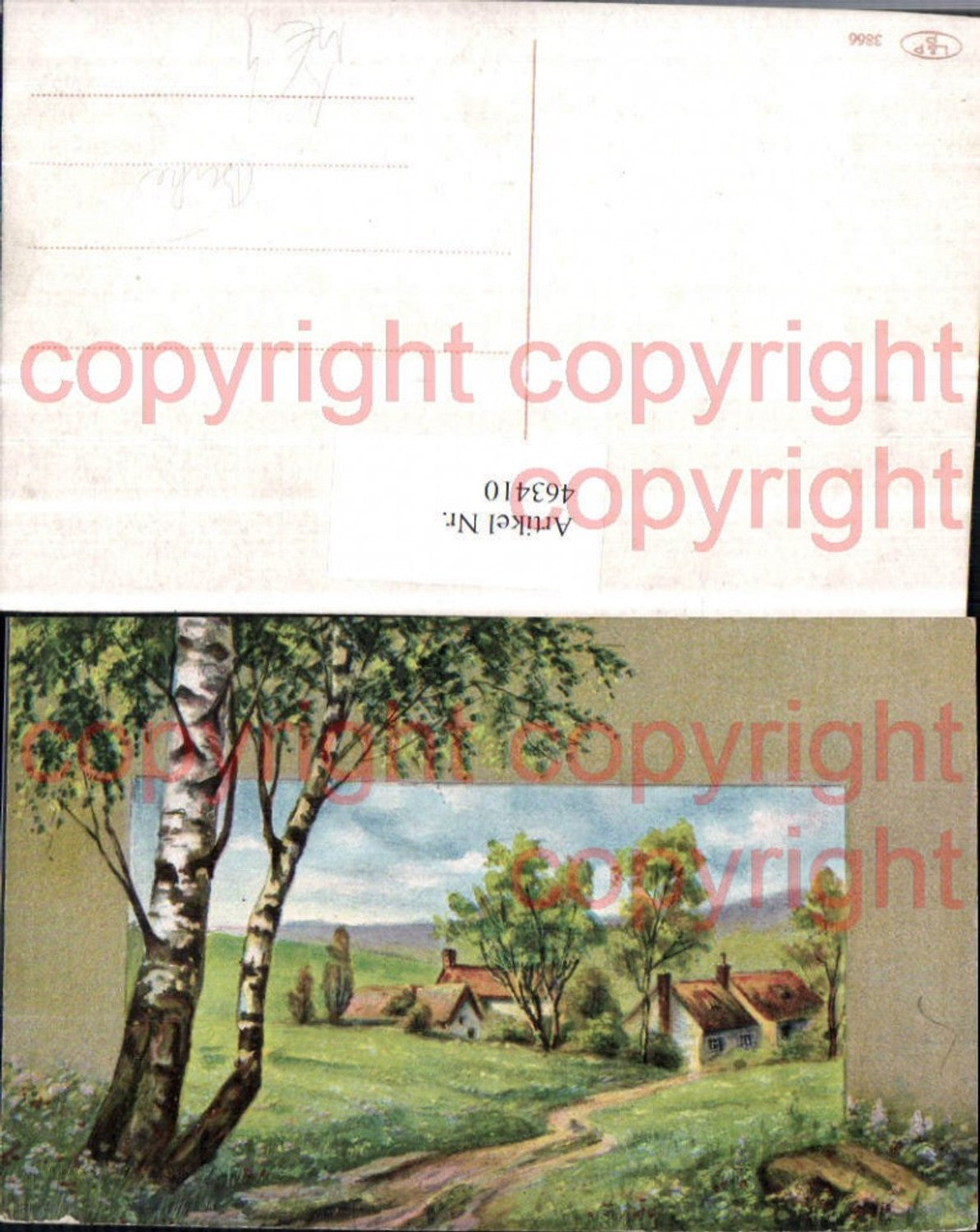 463410,Künstler AK Landschaft Häuser Birken Bäume
