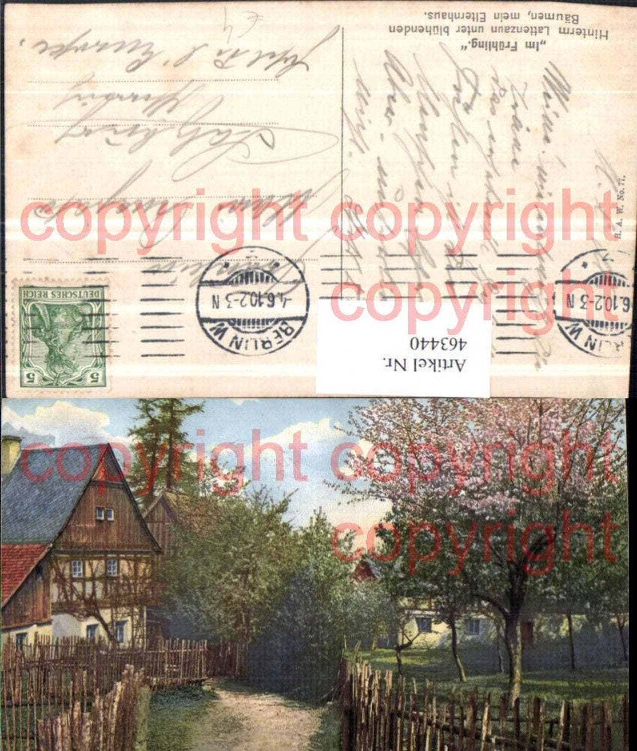 463440,Künstler AK Frühling Hinterm Lattenzaun mein Elternhaus Baumblüte