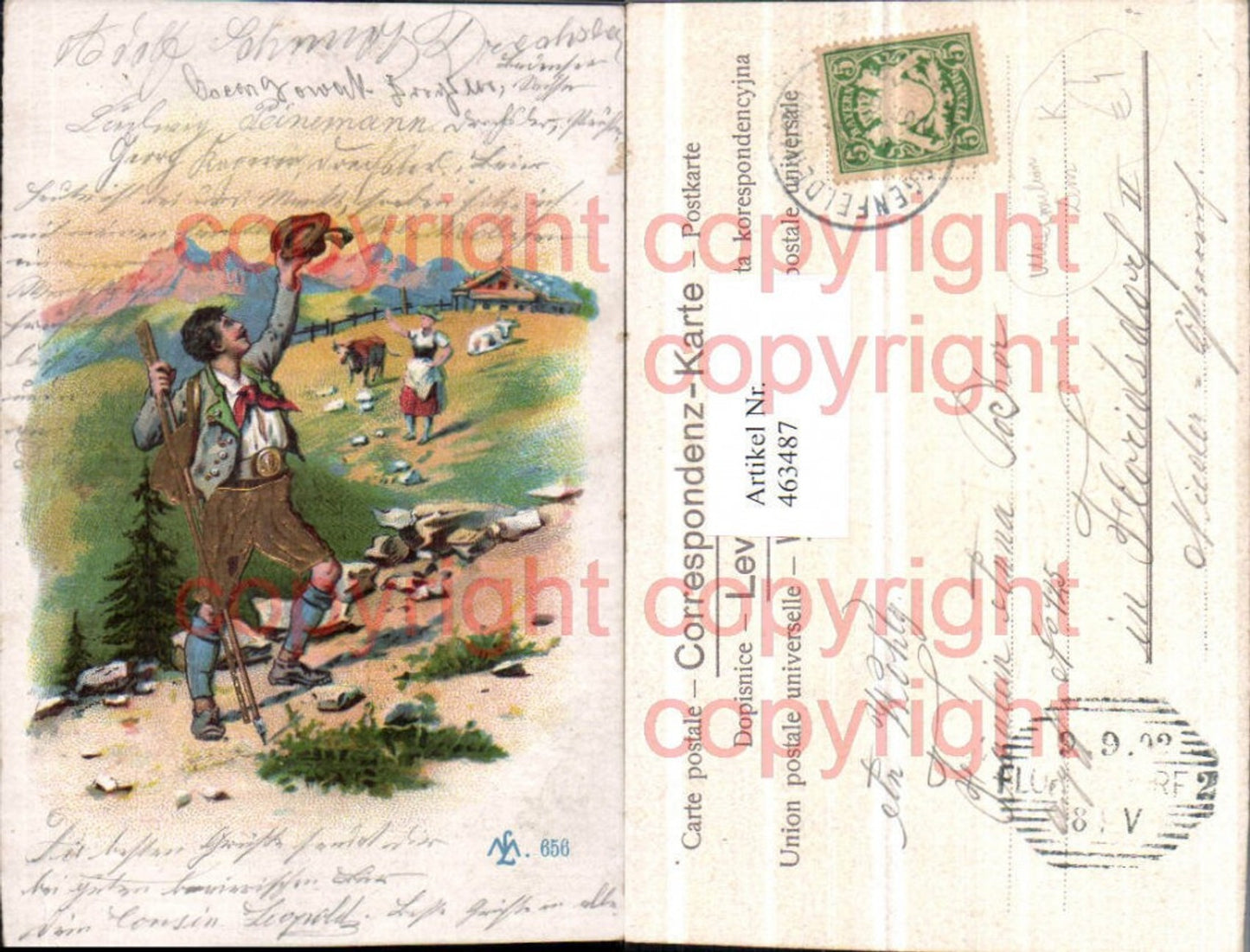 463487,Künstler AK Goldverzierung Maximilian Lenz Wanderer Almhütte Bergkulisse