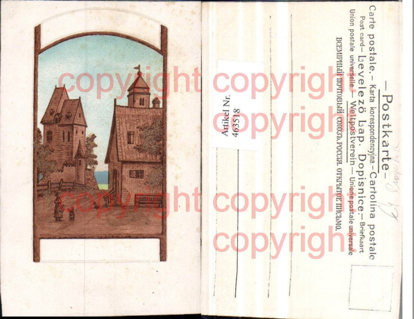 463518,Relief Künstler AK Dorf Gebäude Turm Passepartout
