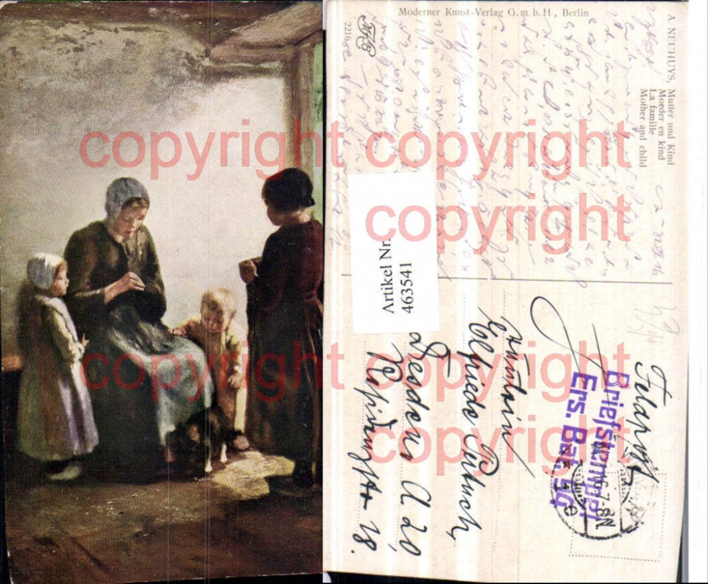 463541,Künstler AK A. Neuhuys Mutter und Kind Katze Feldpost Ers. Bat. 94