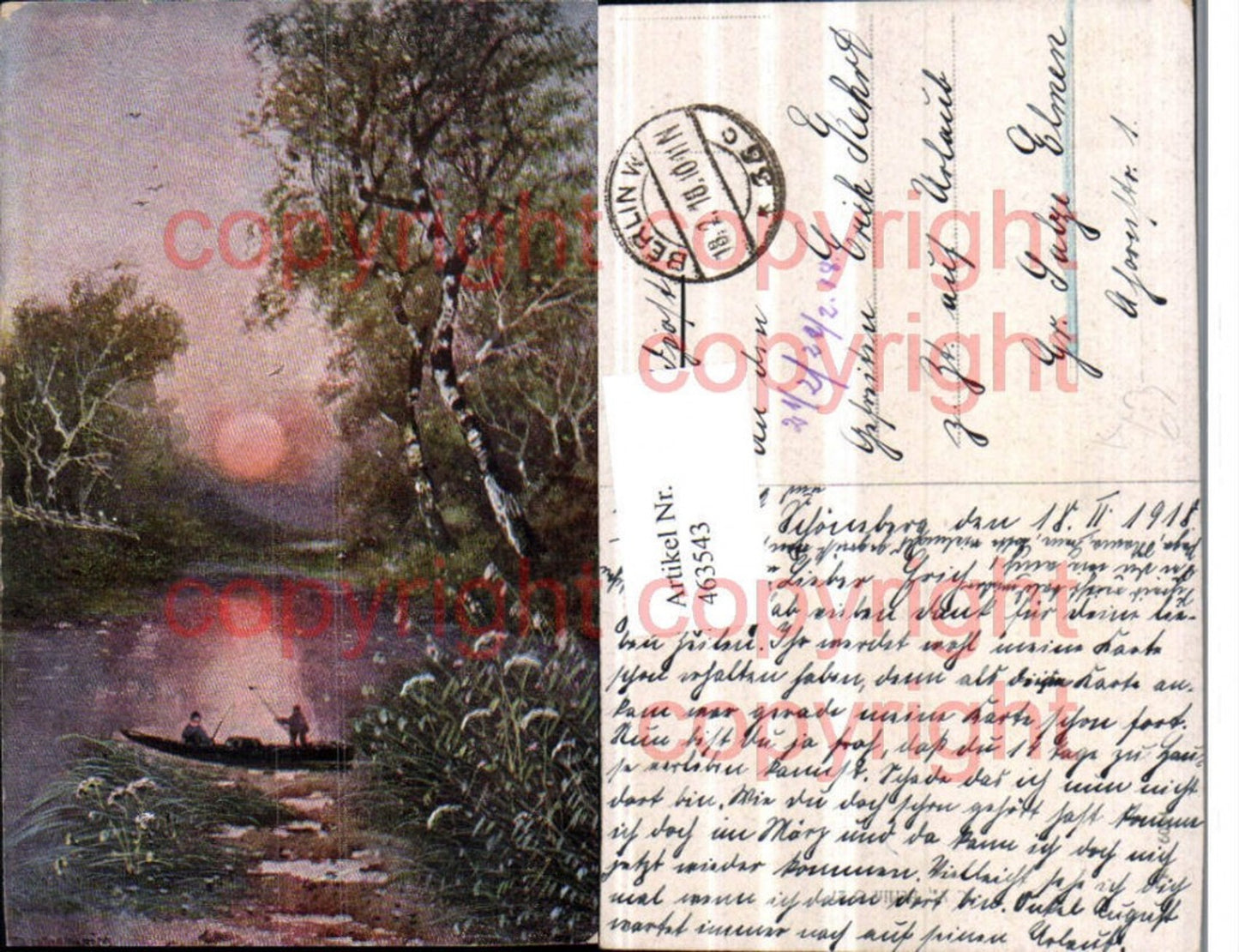463543,Künstler AK Landschaft Teich Fischer Boot
