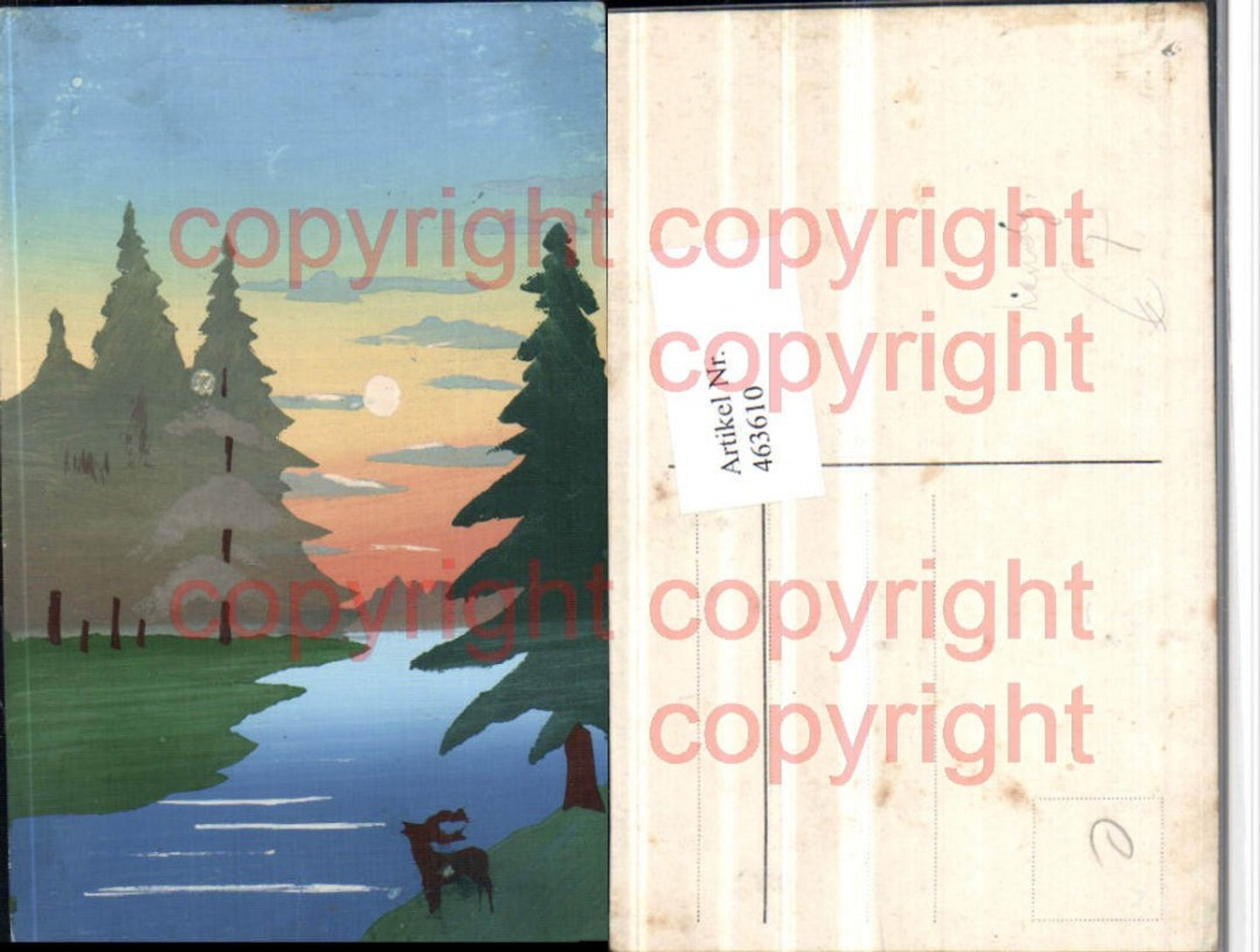 463610,Künstler AK Handgemalt Landschaft Gewässer Hirsch Bäume