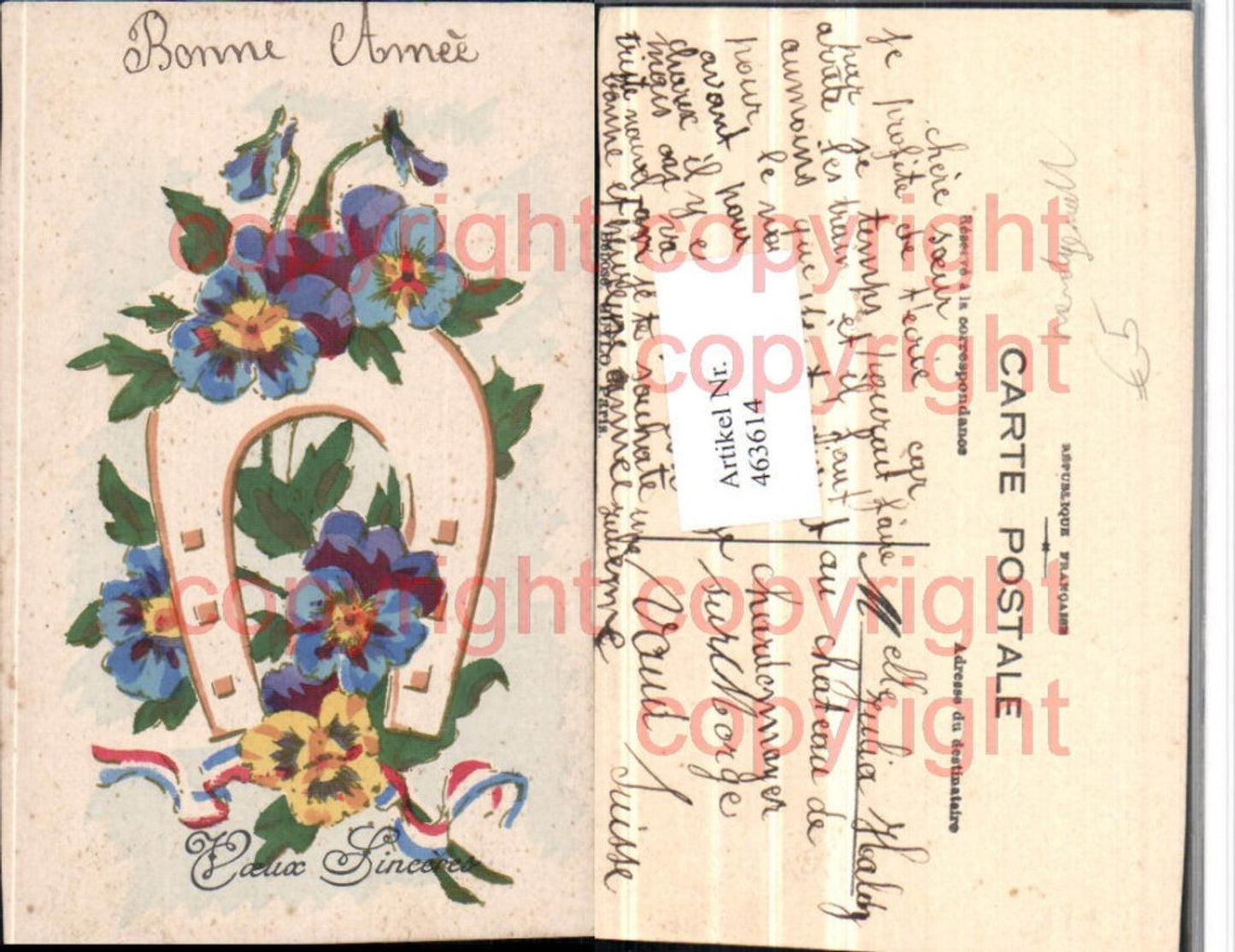 463614,Künstler AK Handgemalt Hufeisen Blumen Stiefmütterchen
